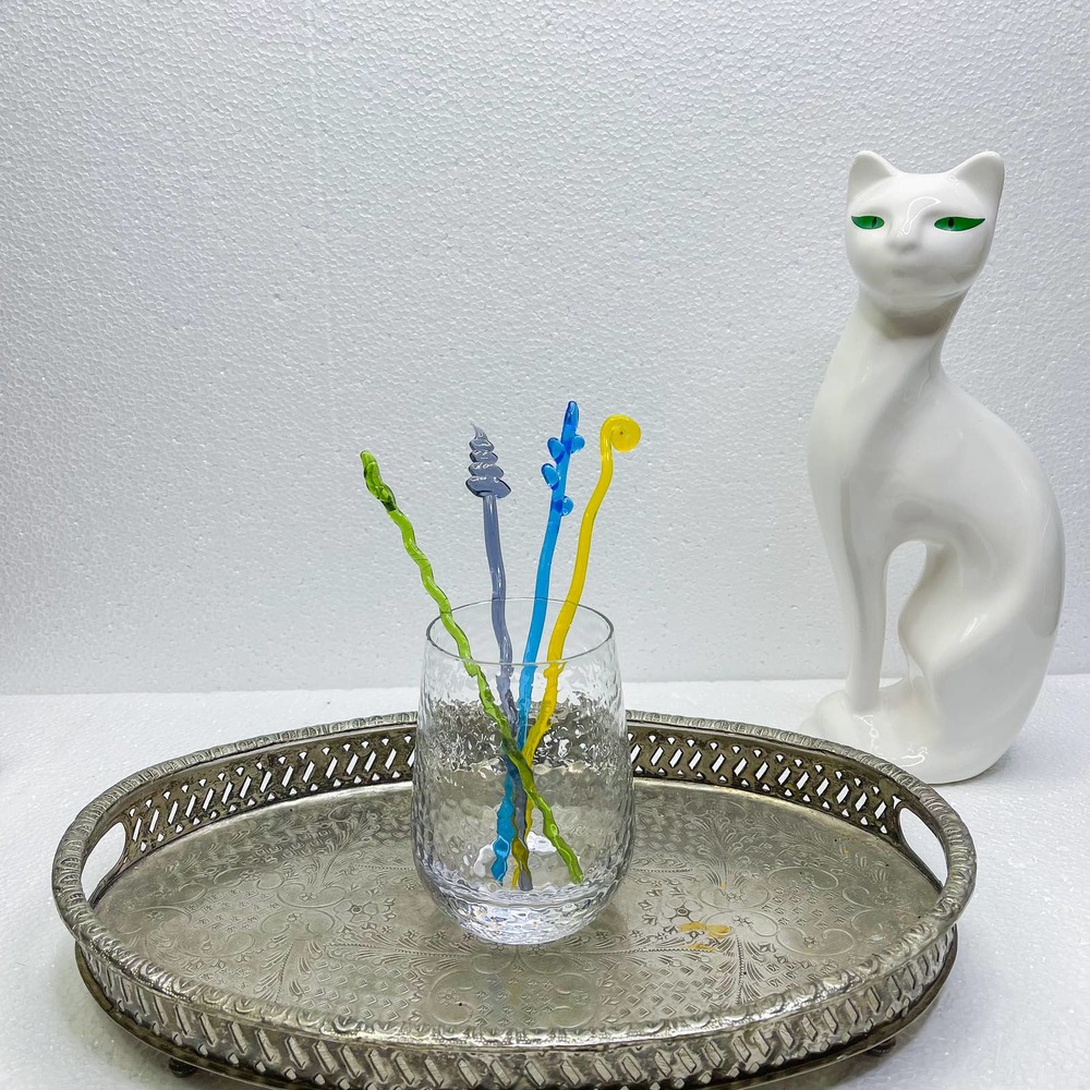 Set of 4 Various Shapes and Colors Glass Mixed Drink Stir Sticks.